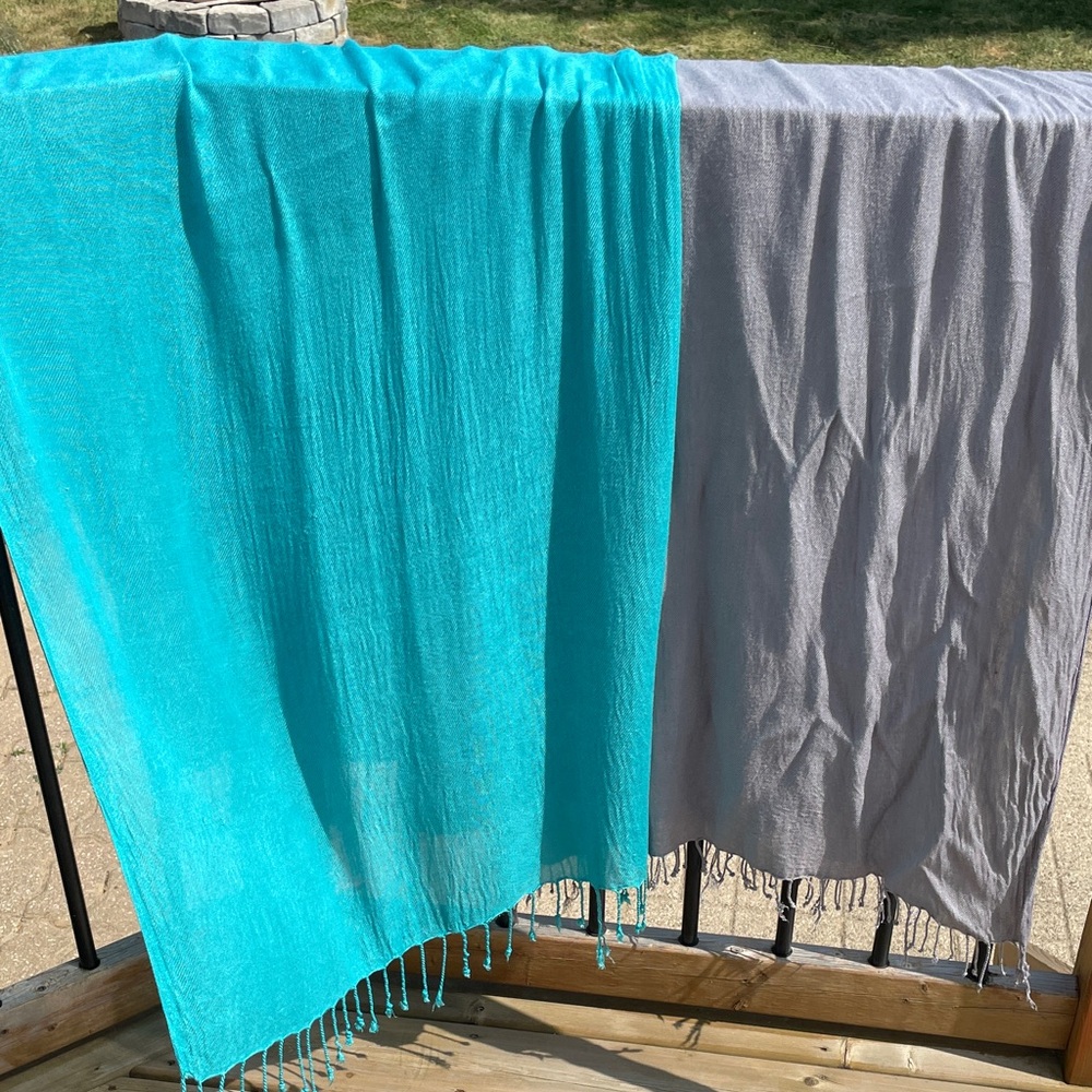 Turquoise and Gray Fringed Scarves